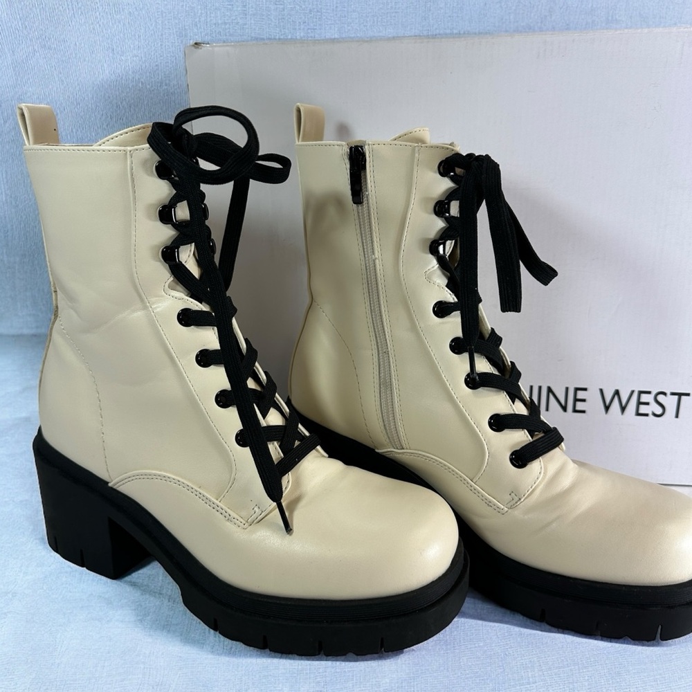 NINE WEST Juna3 Ivory COMBAT BOOT Platform High Heel Faux Leather *VEGAN* 9.5